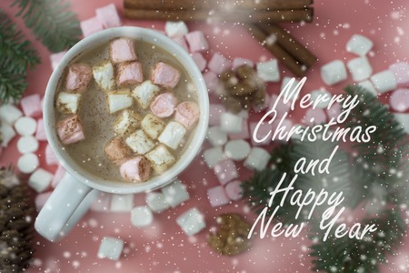 Winter hot drink. Christmas hot chocolate or cocoa with marshmallow oncoral or pink with christmas...