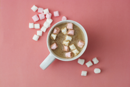 Winter hot drink with marshmallows, cup of coffee, capuchino powdered with cinnamon isolated on pink or coral background.の写真素材