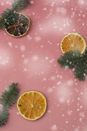 Dry spices with dehydrated sliced citrus on pink background. Winter christmas background.の写真素材