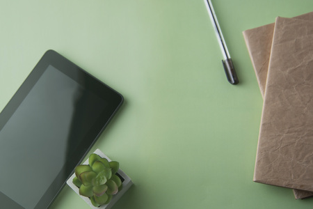 Flat lay, top view office table desk.の写真素材
