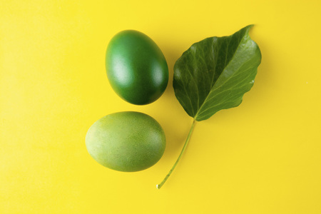 Green easter egg isolated on yellow background. Easter holiday concept. Stylish, colorful monochrome backgroundの写真素材