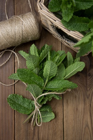 Close up mint leaves on wooden background. Summer drinks or dessert ingredient. Rustic style....