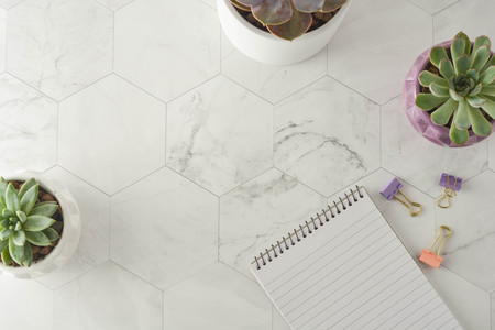 Workplace styled flat lay. Notebook, pen and succulent on marble table. Copy space
