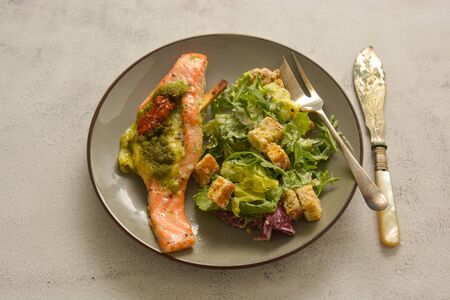 Baked salmon and healthy salad. Top view. Healthy foods.の写真素材