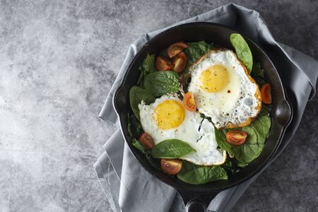 Fried egg on a pan served with fresh cherry tomatoes. Healthy food.の写真素材