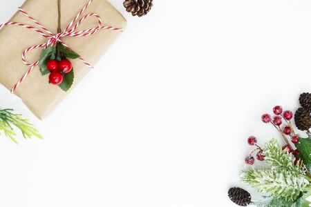Christmas background, mock up with gift boxes and winter decoration., on white background. Winter...