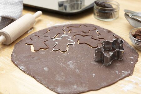 Top view of cooking process, festive Christmas gingerbread chocolate cookies. Cooking chocolate cookies.の写真素材