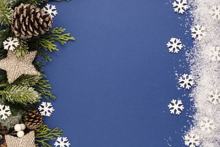 Christmas blue abstract background with snow over blue background. Christmas and New Year winter...