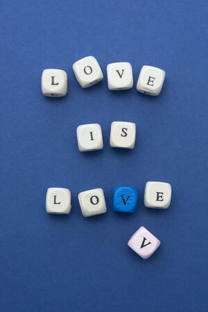 Love is love message written on wooden blocks over blueの写真素材