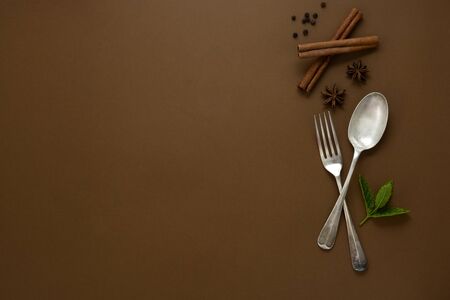 Condiments mock up. Fork and spoon with condiments - cinnamon sticks, anise star, mint leaves. Top view.の写真素材