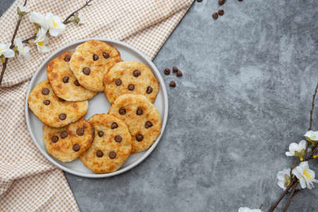Chocolate chip cookies, top view. Dark background.の写真素材