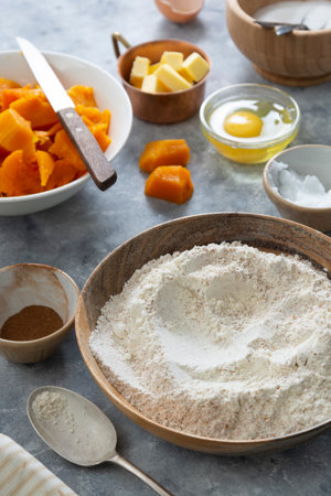 Squash tart. Ingredients for cooking pumpkin pie. Autumn dessert.の写真素材