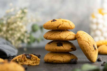 Stack of healthy chocolate chips cookies with peanut butter.の写真素材