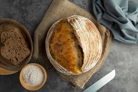 Sourdough rustic bread. Traditional homemade bread, top view