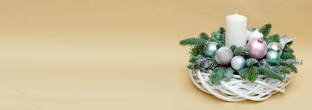 Christmas wreath with winter baubles and candles. Holiday decorations, bannerの写真素材