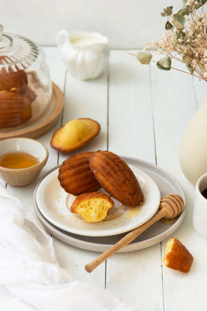 Madeleine cakes, french pastry. Served with cup of tea and honey. Breakfast on table.
