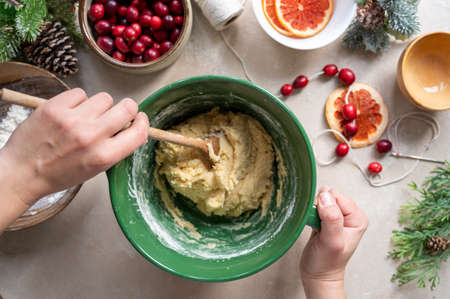 Cooking Christmas cookies. Mixing dough in a bowl. Step by step recipe. Top view.の写真素材