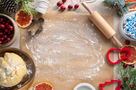 Cooking Christmas cookies. Ingredients and tools on table top. Step by step recipe. Copy space for textの写真素材