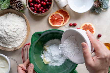Cooking Christmas cookies. Top view of ingredients for baking Christmas homemade cookieの写真素材