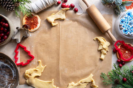 Cooking Christmas cookies. Ingredients and tools on table top. Step by step recipe. Copy space for textの写真素材