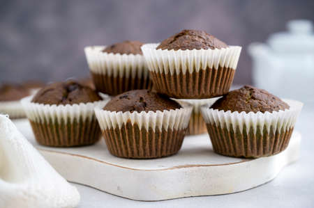 Chocolate homemade muffins, sweet food. Delicious bakesの写真素材