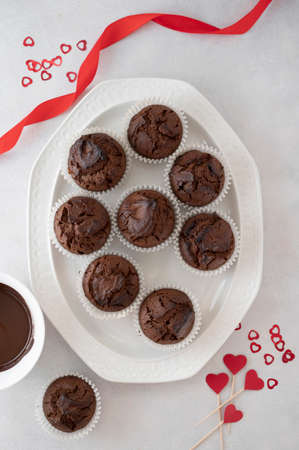 Valentine's day, tp view chocolate homemade cupcakes with heart sprinklesの写真素材