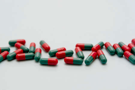 Close up pills - health care, virus, food supplement or pain prescription. Copy space for text.の写真素材