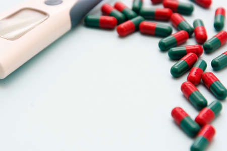 Close up pills - health care, virus, food supplement or pain prescription. Copy space for text.の写真素材