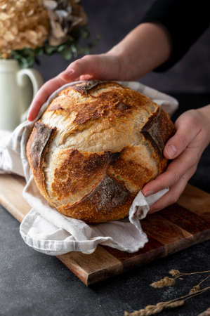 Sourdough artisan homemade bread, female hands holding bread on dark background.