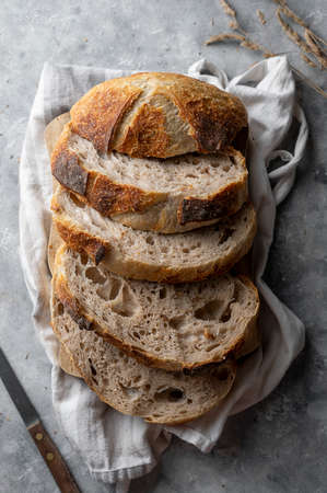 Sourdough bread slices, homemade healthy bread, top view
