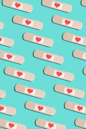 Patch with red heart on blue background. Abstract pattern, love conceptの写真素材