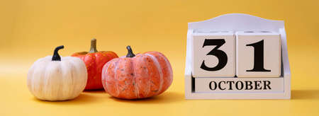 Three pumpkinsbaner. Levitation autumn, halloween concept. Copy space for text.の写真素材