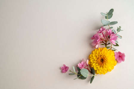 Floral composition greeting card mockup. Pink and yellow flowers with copy space. Hydrangea, dahlias and eucalyptusの写真素材
