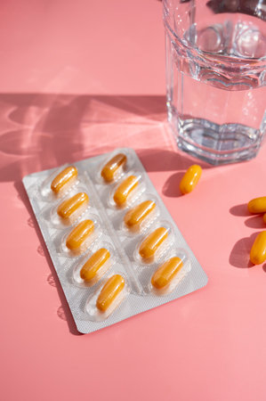 Blister with yellow pills, tablets with glass of water pink background, sun shadows.