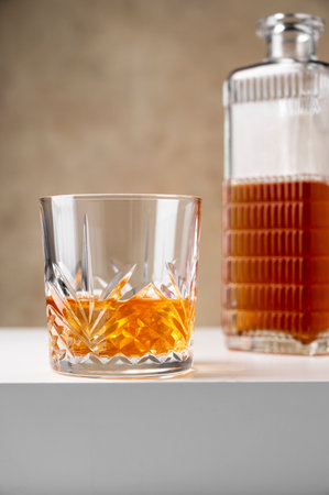 Whiskey, brandy or bourbon drink in crystal glass. Alcohol party drink.の写真素材