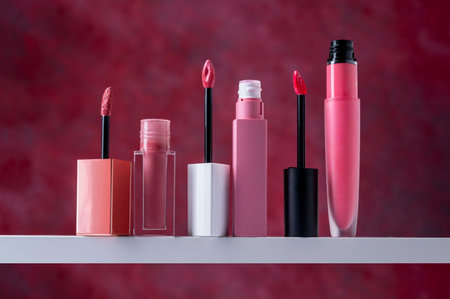 Liquid lipsticks, lipgloss applicators and tubes , burgundy luxury background.の写真素材
