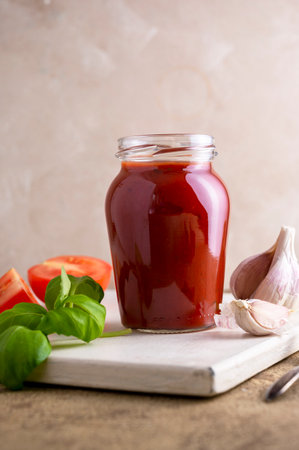 Tomato pizza sauce in jar. Homemade sauce for cooking pizza.の写真素材