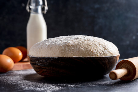 Raw sourdough, dough for homemade baking pizz with milk and eggs. Pastry ingredientsの写真素材