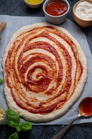 Cooking pizza, tomatoe sauce on raw dough. Homemade sourdoguh pizza dough, top viewの写真素材