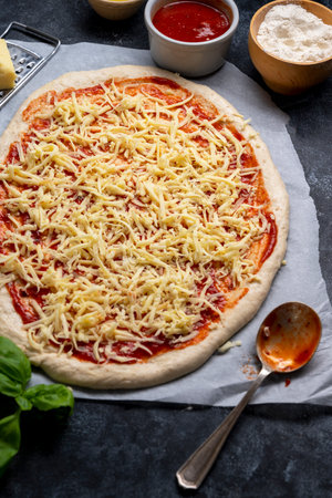 Cooking pizza, tomatoe sauce and cheese raw dough. Homemade sourdoguh pizza dough, top viewの写真素材