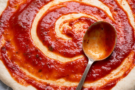 Cooking pizza, tomatoe sauce on raw dough. Homemade sourdoguh pizza dough, top viewの写真素材