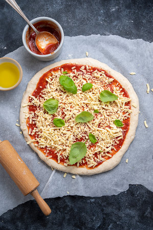 Cooking pizza, tomatoe sauce and cheese raw dough. Homemade sourdoguh pizza dough, top viewの写真素材