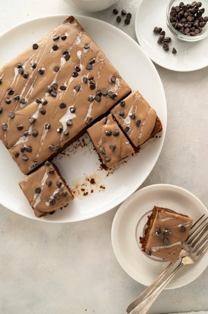 Chocolate sponge cake with cream and chocolate chips. Cooking one pan chocolate cake at home. Bright table, top view. Copy spaceの写真素材