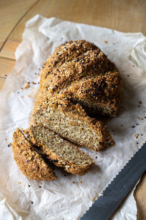 Homemade soda bread with flax seeds flour, keto diet.の写真素材