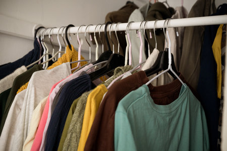 Women clothing on hanger in a real built-in wall cabinetの写真素材