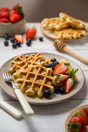 Belgian homemade waffles with strawberries, blueberries and honeyの写真素材