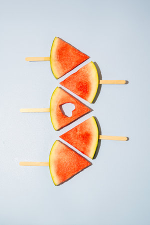Watermelon slices isolated on blue backgroundの写真素材
