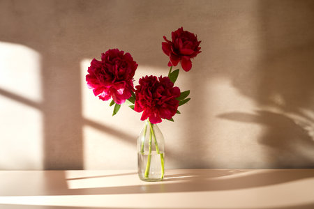 Red peony flower in a vase. Blooming peony flower, neutral backgroundの写真素材