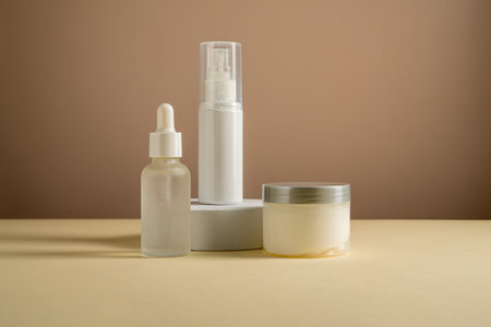 White blank cosmetic bottles, skin care products, neutral backgroundの写真素材
