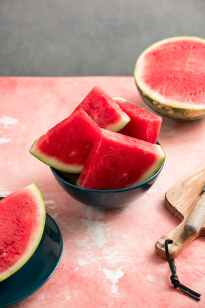 Slices of fresh watermelon in a bowlの写真素材